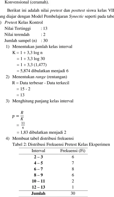 Tabel 2: Distribusi Frekuensi Pretest Kelas Eksperimen   Interval   Frekuensi (Fi) 
