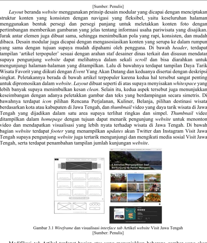 Gambar 3.1 Wireframe dan visualisasi interface tab Artikel website Visit Jawa Tengah  [Sumber: Penulis] 