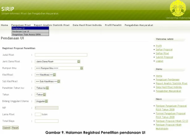 Gambar 9. Halaman Registrasi Penelitian pendanaan UI 