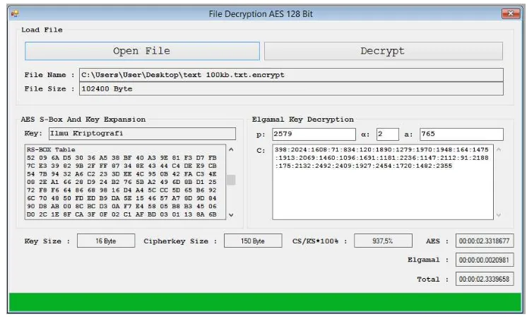 Gambar 4.2. Tampilan Dekripsi AES 128 bit dan Elgamal Pada File Text 100 kb 