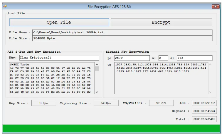 Gambar 4.3. Tampilan Enkripsi AES 128 bit dan Elgamal Pada File Text 200 kb 