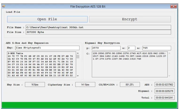 Gambar 4.5. Tampilan Enkripsi AES 128 bit dan Elgamal Pada File Text 300 kb 