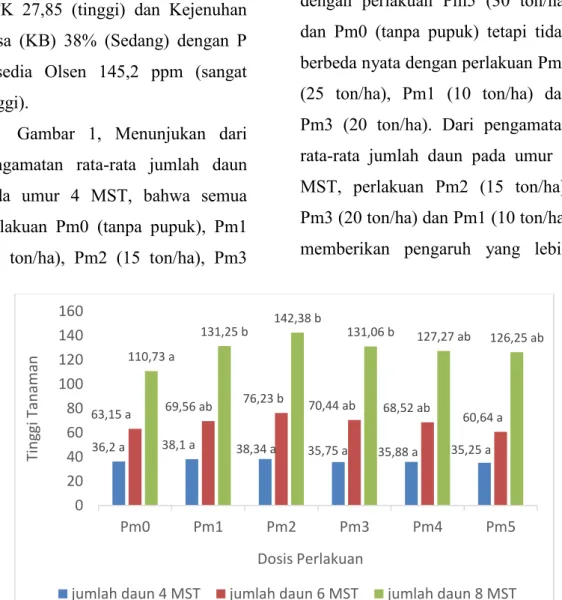 Gambar  1,  Menunjukan  dari  pengamatan  rata-rata  jumlah  daun  pada  umur  4  MST,  bahwa  semua  perlakuan  Pm0  (tanpa  pupuk),  Pm1  (10  ton/ha),  Pm2  (15  ton/ha),  Pm3 