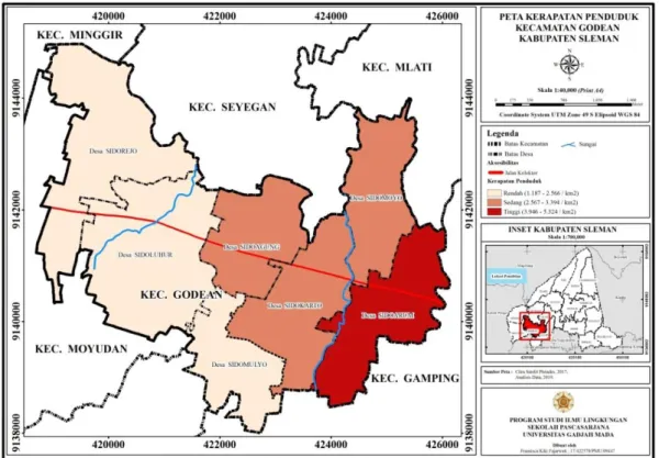 Gambar 3. Peta Kerapatan Penduduk per desa di Kecamatan Godean. Sumber: Hasil Analisis Peneliti, 2019