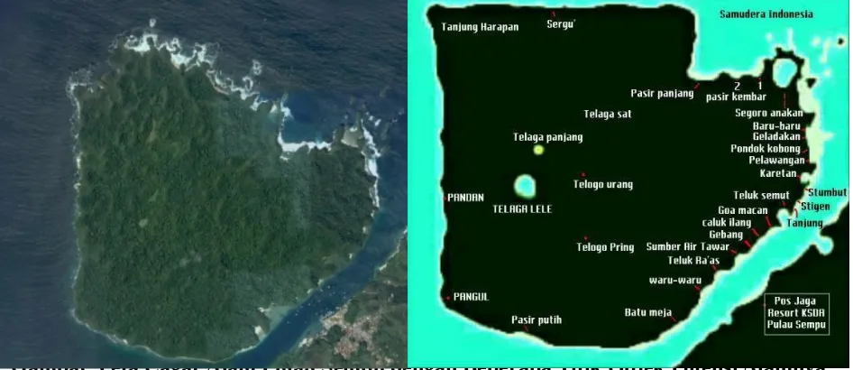 Gambar. Peta Cagar Alam Pulau Sempu dengan Beberapa Titik Objek Potensi Alamnya