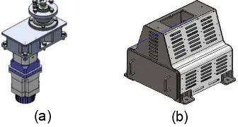 Figure 2. (a) Structure of the motor for rotating antennas to direct beam-steering, and (b)  Structure of the module boxes to locate the electronic RF modules 