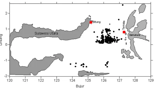 Gambar 1. Lokasi daerah penangkapan kapal contoh berdasarkan atas estimasi tawur Figure 1