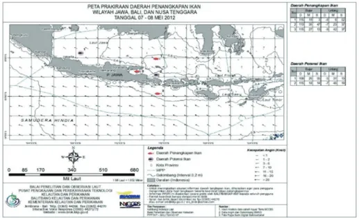Gambar 1. Peta Prakiraan Penangkapan Ikan Wilayah Jawa, Bali dan Nusa Tenggara Tanggal                 7 – 8 Mei 2012.