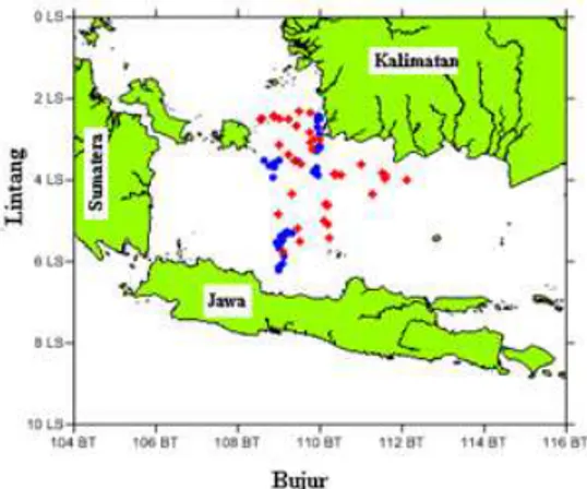 Gambar 3. Daerah penangkapan kapal cumi-cumi contoh (2 trip) di PPN Kejawanan Cirebon (Keterangan: merah = trip 1, biru = trip 2) Figure 3
