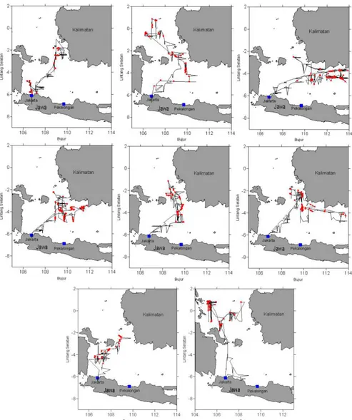 Gambar 5. Plot jalur lintasan dan estimasi tawur KM Bintang Sukses Makmur 8 menurut trip berdasarkan atas data VMS periode Desember 2009 – Mei 2011, daerah penangkapan di Laut Jawa dan Selat Karimata Figure 5