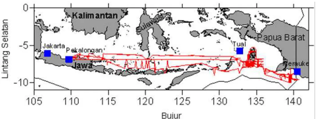 Gambar 7a. Plot jalur lintasan KM Bintang Sumber Jaya 9 berasal dari Pekalongan berdasarkan atas data VMS periode Februari 2009–April 2010