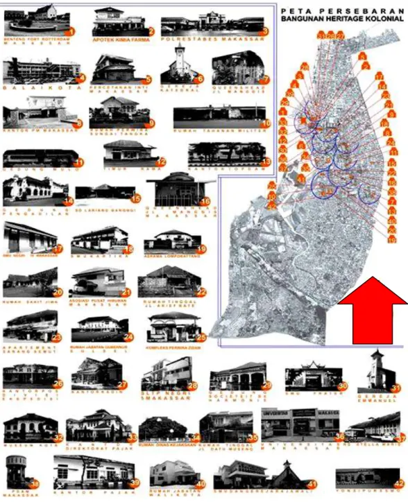 Gambar 3. Peta sebaran Spasial bangunan kolonialisme di kota Makassar                    ( Sumber : Bahan kuliah colonialism heritage di makassar, 2010:100 )