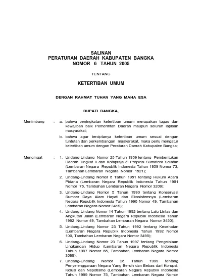 SALINAN PERATURAN DAERAH KABUPATEN BANGKA NOMOR 6 TAHUN 2005 KETERTIBAN ...