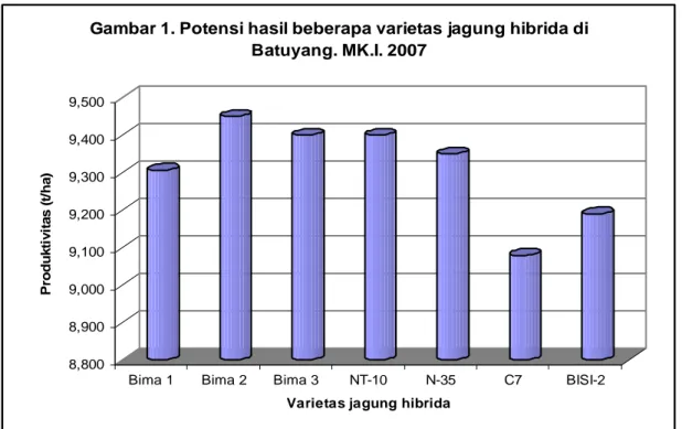 Gambar 1. Potensi hasil beberapa varietas jagung hibrida di  Batuyang. MK.I. 2007