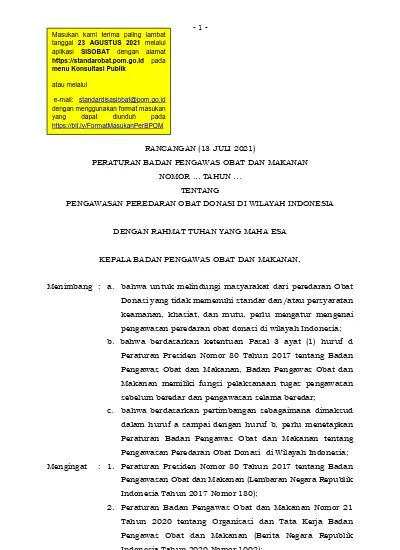 RANCANGAN (13 JULI 2021) PERATURAN BADAN PENGAWAS OBAT DAN MAKANAN ...