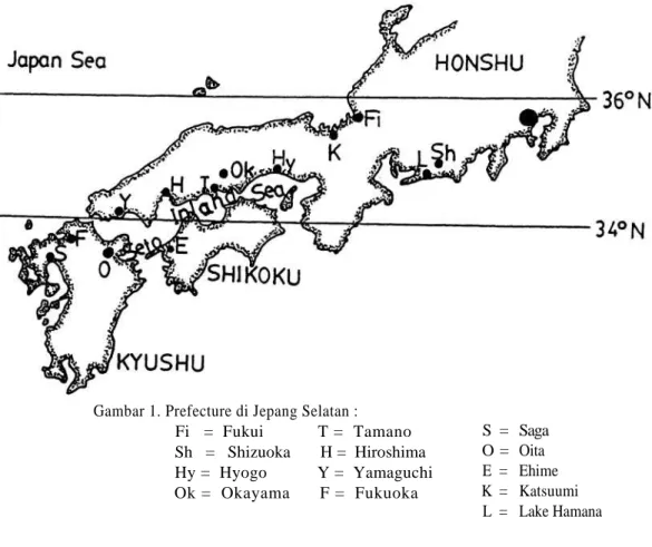 Gambar 1. Prefecture di Jepang Selatan :  Fi   =  Fukui  T =  Tamano  Sh   =   Shizuoka       H =  Hiroshima  Hy =  Hyogo  Y =  Yamaguchi  Ok =  Okayama      F =  Fukuoka  S   =   Saga O =  Oita  E   =   Ehime  K   =   Katsuumi  L   =   Lake Hamana 