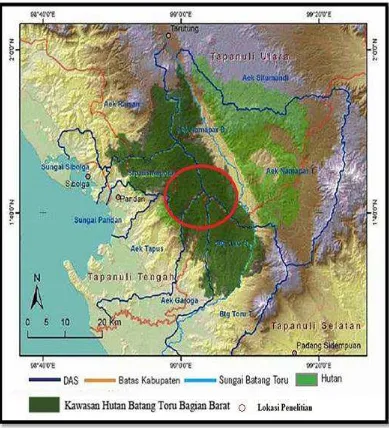 Gambar 3.1 Peta Lokasi Penelitian di Kawasan Hutan Batang Toru Bagian Barat  (YEL-SOCP)