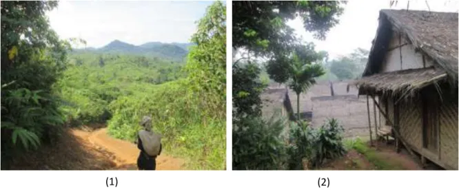 Gambar 3.1  (1) jalan setapak menuju kampung Cibeo, (2) kondisi rumah- rumah-rumah di kampung Kadujangkung 