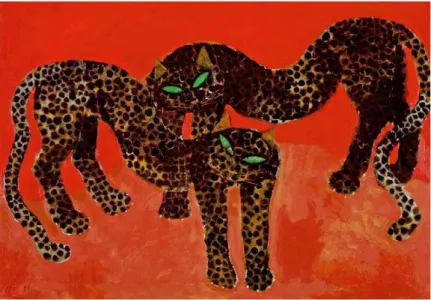 Gambar 8 : Contoh lukisan menunjukkan deformasi  Popo Iskandar, “Two Panthers and Red Sunset” 