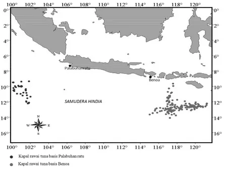 Gambar 1. Lokasi pengumpulan data selama observasi pada kapal rawai tuna. Figure 1. Location of collecting data during the observation by tuna longline