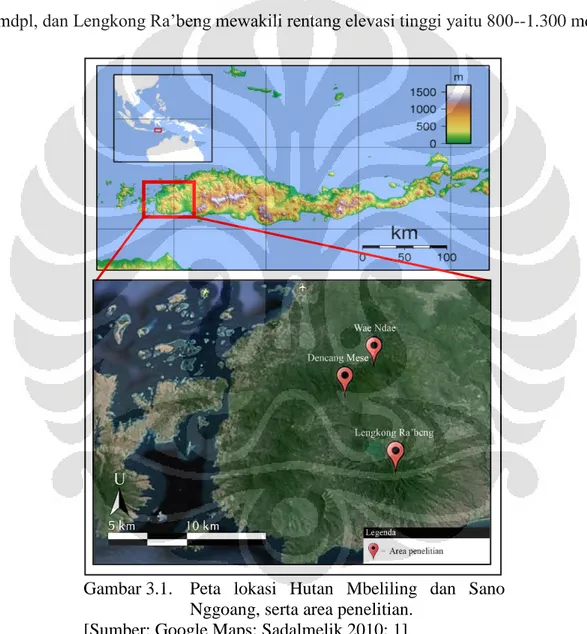 Gambar 3.1.  Peta  lokasi  Hutan  Mbeliling  dan  Sano  Nggoang, serta area penelitian