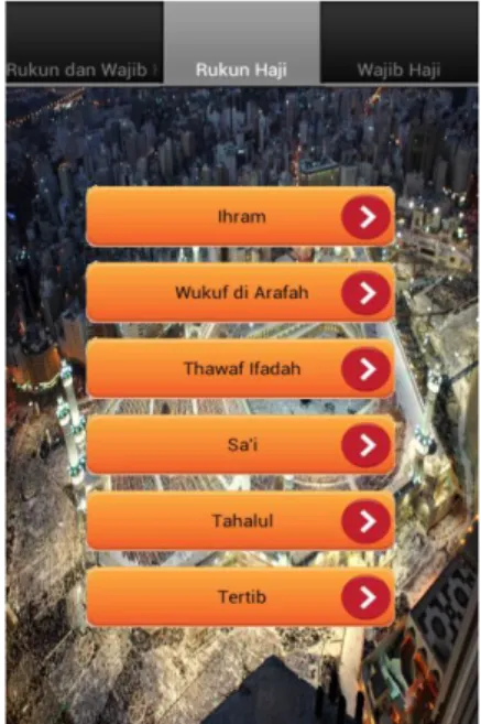 Gambar 5 Halaman urutan haji  Halaman  Rukun  dan  Wajib  haji  berisi  dari  beberapa  tombol  yaitu  :  Ihram, 