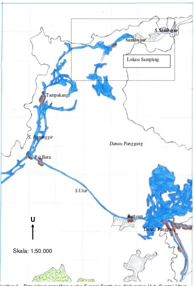 Gambar 1.  Peta lokasi penelitian suaka Sungai Sambujur, Kabupaten Hulu Sungai Utara, Kalimantan Selatan 