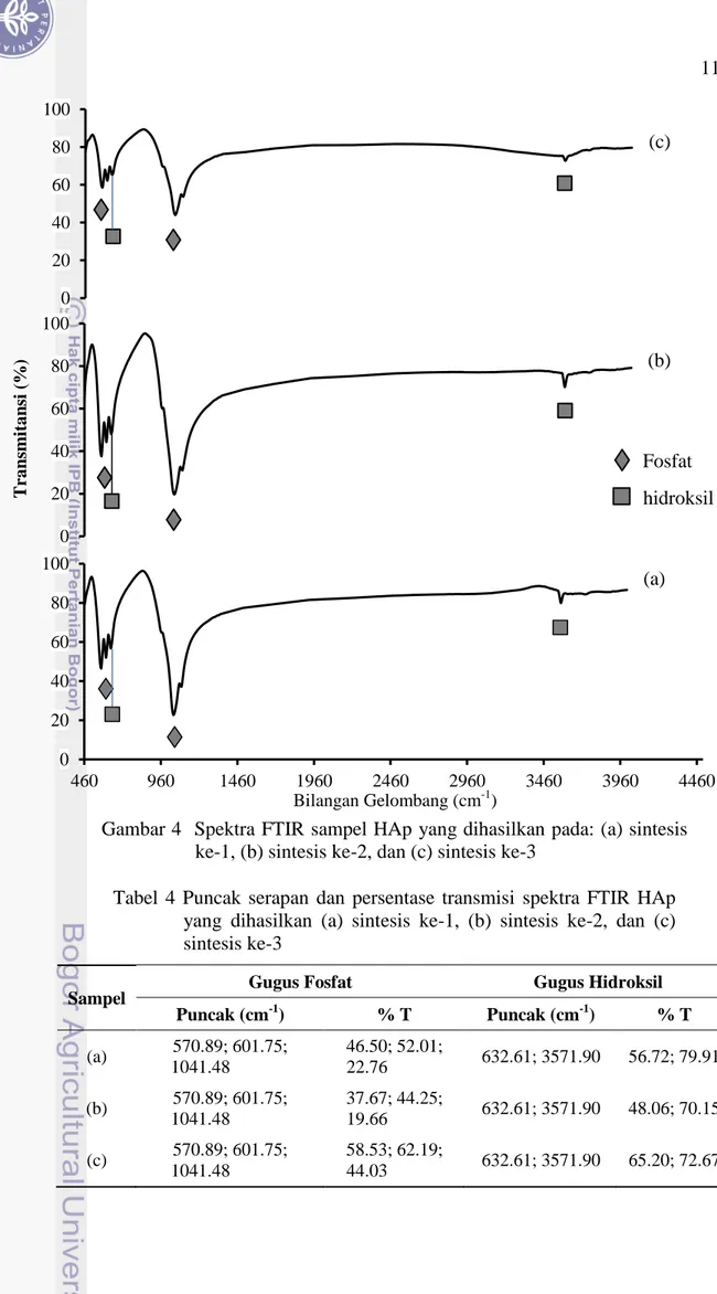 Gambar 4  Spektra FTIR sampel HAp  yang dihasilkan pada: (a) sintesis  ke-1, (b) sintesis ke-2, dan (c) sintesis ke-3 