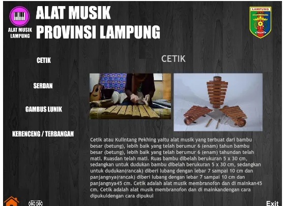 Gambar 7 Tampilan halaman tarian khas  Pada  Gambar  8  menjelaskan  tentang  halaman Alat musik khas provinsi Lampung  ini  berisi  tentang  alat  music  yang  ada  di  provinsi Lampung dan terdapat gamabar alat  musik  dan  penjelasan  tentang   masing-m