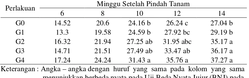 Tabel 1. Rataan tinggi bibit (cm) dengan pemberian giberellin  umur 6-14 MSPT 