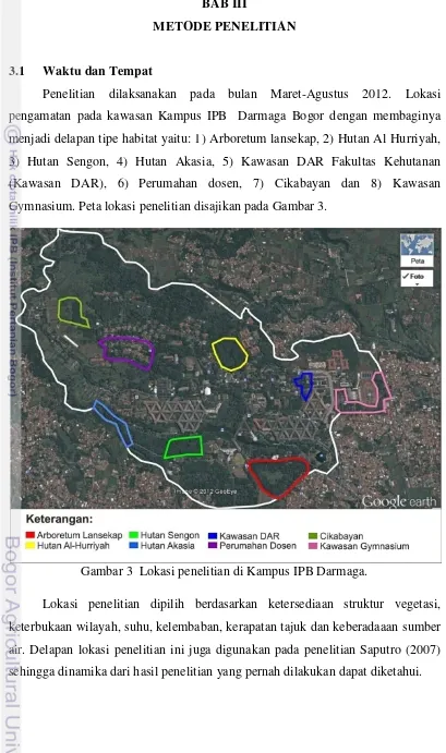 Gambar 3  Lokasi penelitian di Kampus IPB Darmaga. 
