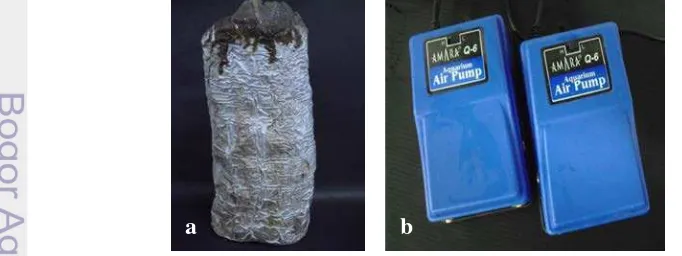 Gambar 1. Limbah baglog jamur tiram (a) dan Aquarium Air Pump tipe Q-6 (b) 