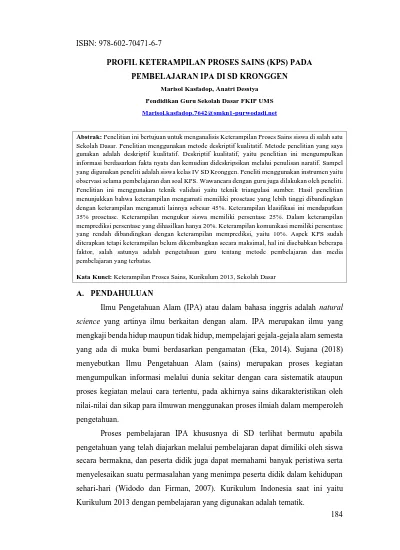 PROFIL KETERAMPILAN PROSES SAINS (KPS) PADA PEMBELAJARAN IPA DI SD KRONGGEN