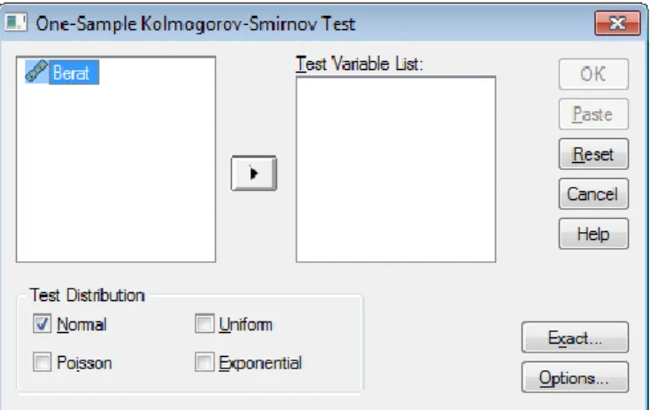 Gambar 2.3 Tampilan Kotak dialog pada One Sample Kolmogorov Smirnov Test 
