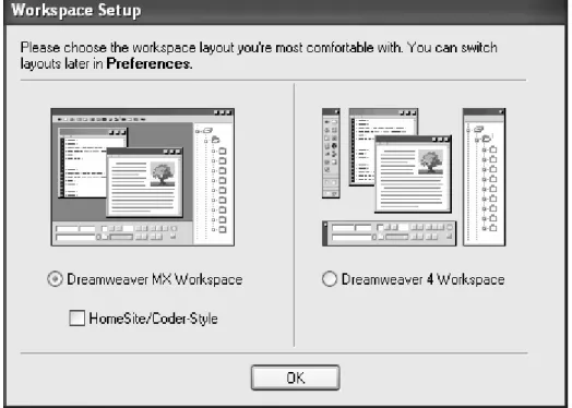Gambar 2.1 Memilih tipe ruang kerja Dreamweaver MX