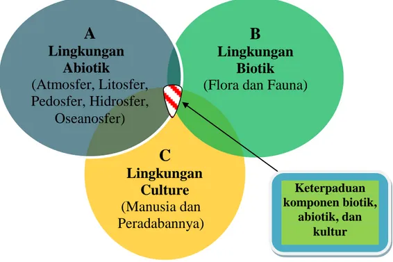 Gambar 1.3. Keterkaitan Komponen Abiotik Biotik, dan Budaya (Culture)  Ketiga komponen dalam lingkungan hidup saling ketergantungan dan terjadi  suatu hubungan timbal balik antara manusia dan  makhluk lain dengan faktor-faktor  alam