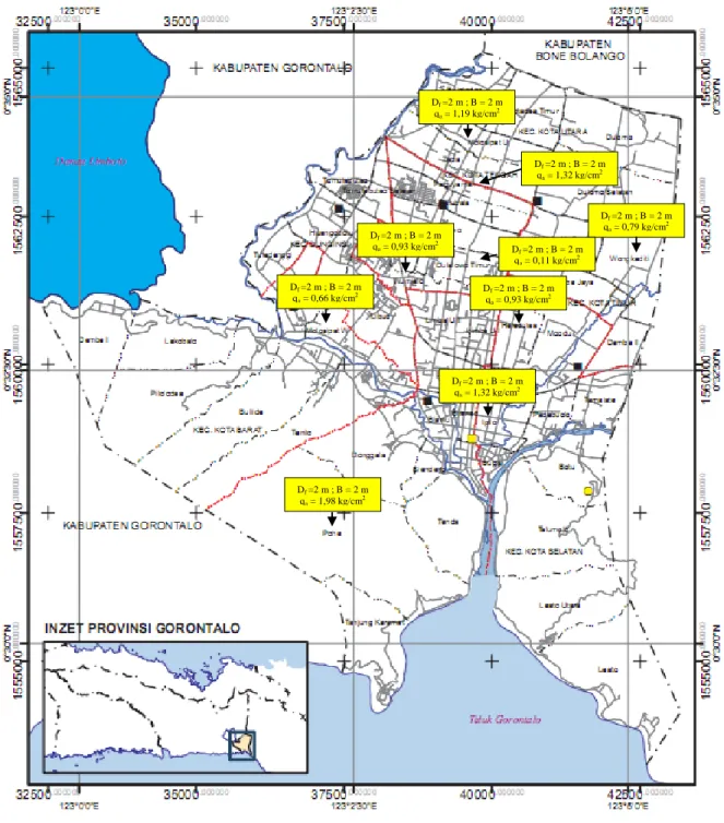 Gambar 4.1. Peta Sebaran Kapasitas Dukung Pondasi Telapak Kota Gorontalo. 