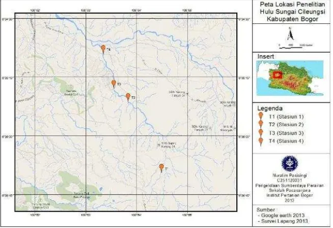 Gambar 1. Peta lokasi penelitian di hulu Sungai Cileungsi,   Kabupaten Bogor, Provinsi Jawa Barat