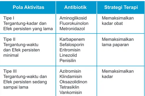 Tabel 5.  Tipe Antibiotik Berdasarkan Aktifitas        Pola Aktivitas     Antibiotik         Strategi Terapi