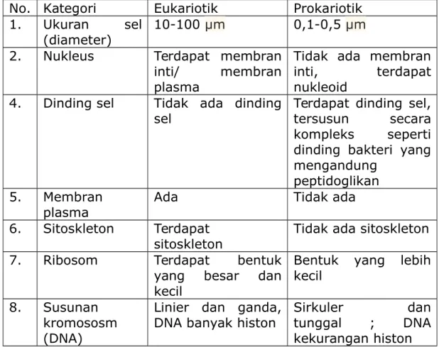 Tabel lain perbedaan sel prokaritotik dan sel eukariotik :