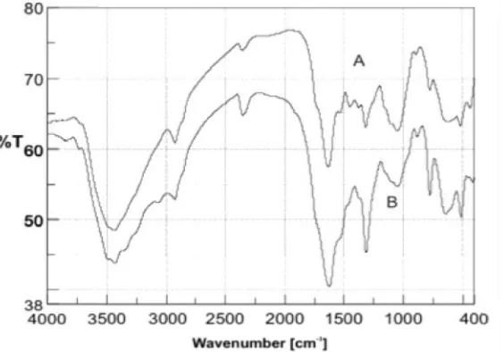 Gambar 3.Spektrum FTIR KuIon Logam Cr(VI)Kulit Buah Atap (Arenga pinnata) Sebelum (A) dan SesudahI)dah (B) Penyerapan