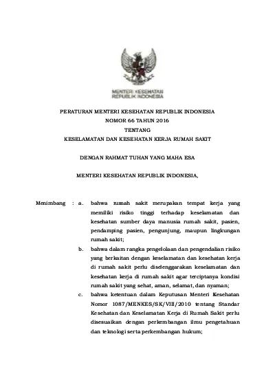 PMK No. 66 Ttg Keselamatan Dan Kesehatan Kerja Rumah Sakit