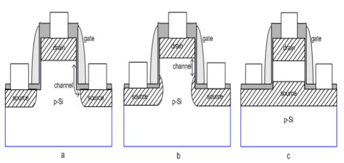 Figure 1. The variation of channel geometry in non-planar DG MOSFET: (a) recessed, L-shape  channel, (b) body-tied channel, and (c) floating-body channel  