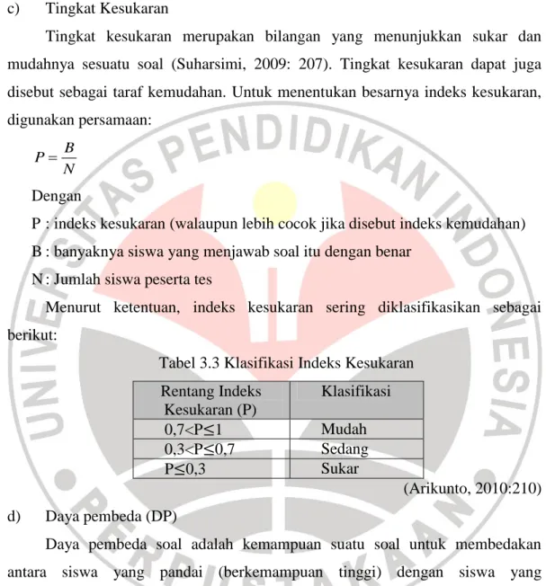 Tabel 3.3 Klasifikasi Indeks Kesukaran       Rentang Indeks           Kesukaran (P)  Klasifikasi  0,7&lt;P≤1  Mudah  0,3&lt;P≤0,7  Sedang  P≤0,3  Sukar                                        (Arikunto, 2010:210)  d)  Daya pembeda (DP) 