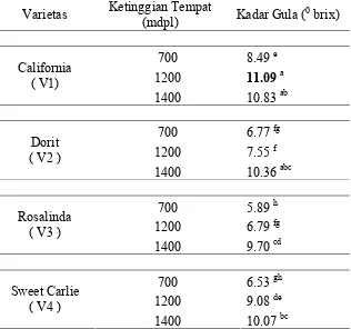 Tabel 8. Kadar gula (obrix) beberapa varietas stroberi pada ketinggian tempat yang berbeda