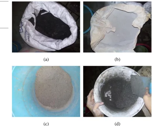 Gambar 2  Bahan Utama Paving Block: (a) Abu Boiler; (b) Semen; (c) Pencampuran Abu  Boiler dengan Semen; dan (d) Pengadukan Bahan dengan Penambahan Air 