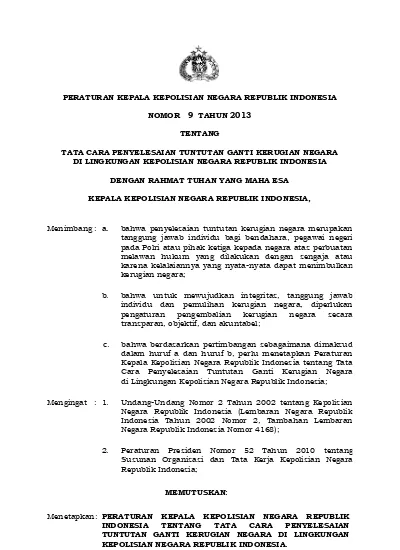 PERATURAN KEPALA KEPOLISIAN NEGARA REPUBLIK INDONESIA NOMOR 9 TAHUN ...