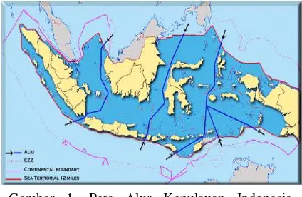 Gambar 1. Peta Alur Kepulauan Indonesia  berdasarkan PP No 37 Tahun 2002 (Saat ini  sedang dibahas mengenai kajian ALKI lintas laut Jawa dan yang berbatasan Timor Leste)  