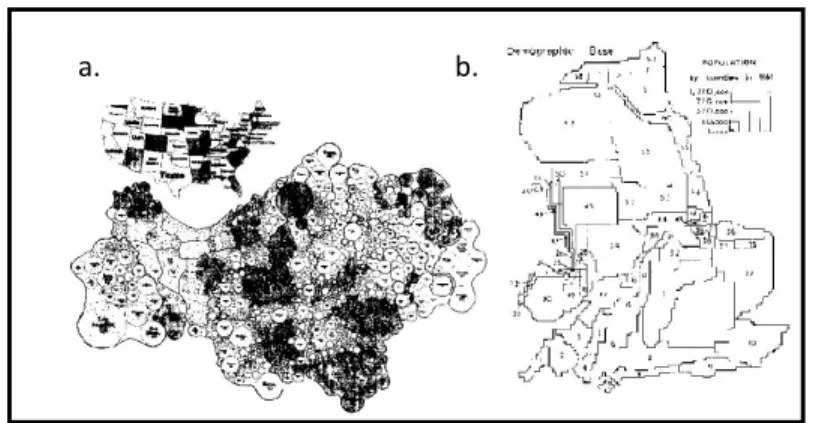 Gambar 1.4 : Aplikasi Kartogram (a). Populasi Penduduk Amerika Serikat  Tahun 1990, (b) Populasi Penduduk Inggris Tahun 1961 (Hunter and Young 