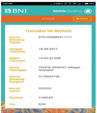 Gambar 7 : Contoh Notifikasi Pembayaran berhasil dilakukan pada halaman BNI Mobile 